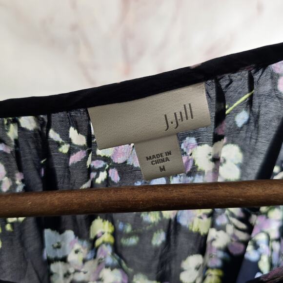 J Jill Shirt Womens Medium Blue Purple Floral Keyhole Blouse Popover Tassel Navy - Picture 3 of 12